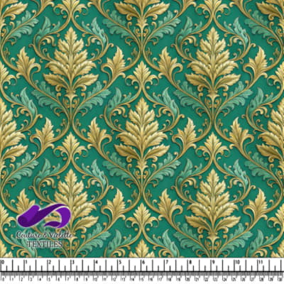 Golden Leaf Damask Pattern on Teal Fabric Background