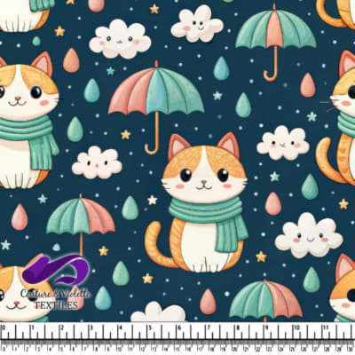 Cute Cats with Umbrellas and Clouds Pattern