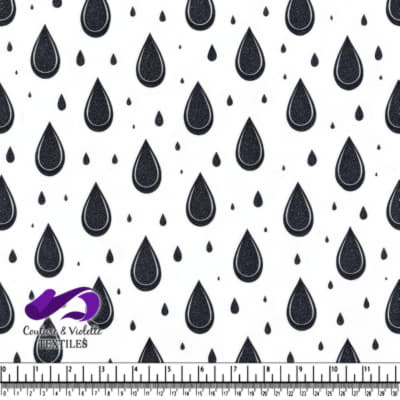 Black Raindrop Pattern on White Background Fabric Design