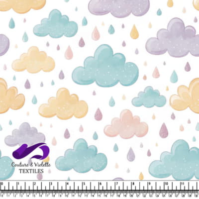 Pastel Clouds and Raindrops Pattern on White Background