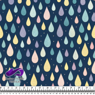 Colorful Raindrop Pattern on Navy Blue Background Textile Design