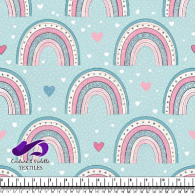 Pastel Rainbow Hearts Pattern on Blue Background Textile Design