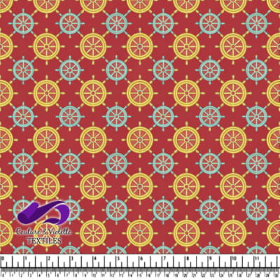 Nautical Ship Wheel Pattern on Red Background Textile Design