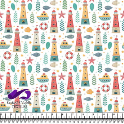 Nautical Pattern with Lighthouses Fish and Boats on White Background