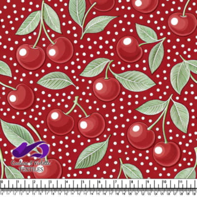 Cherry Pattern with Leaves on Red Polka Dot Background