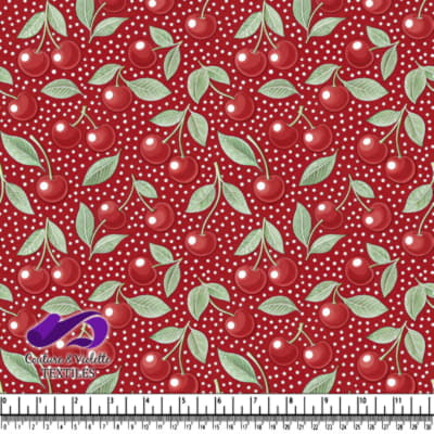Cherry Pattern with Leaves on Red Polka Dot Background