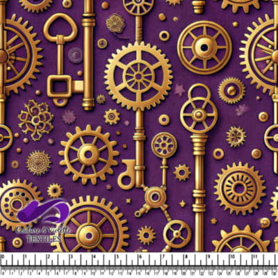 Steampunk Golden Gears and Vintage Keys on Purple Background