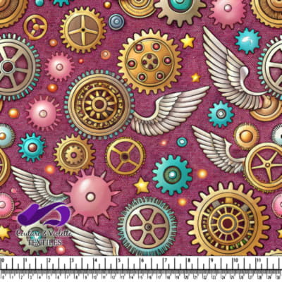 Steampunk Flying Gears and Cogs Pattern on Purple Background