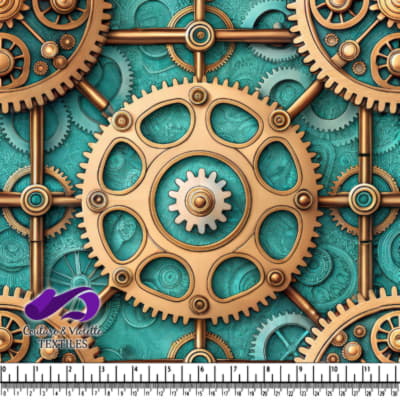 Intricate bronze gears mechanism on turquoise background