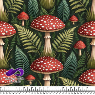 Red and White Spotted Mushrooms with Green Fern Leaves Pattern