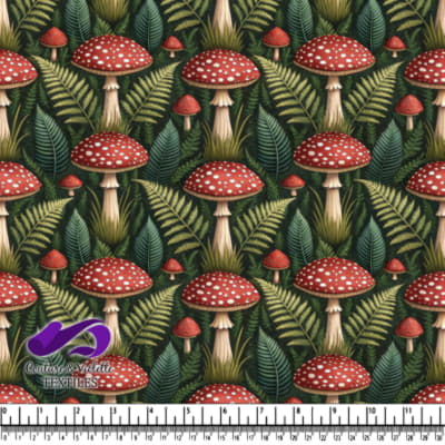 Red and White Spotted Mushrooms with Green Fern Leaves Pattern