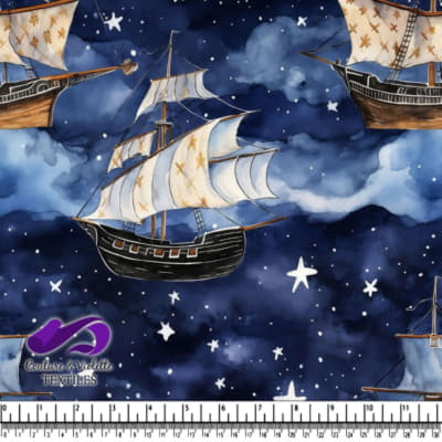 Sailing Ships Flying Through a Starry Night Sky Pattern