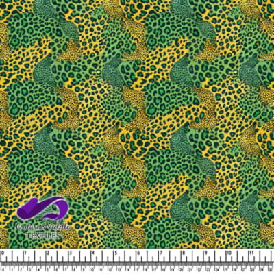 Colorful leopard print fabric pattern with green and yellow background and black spots