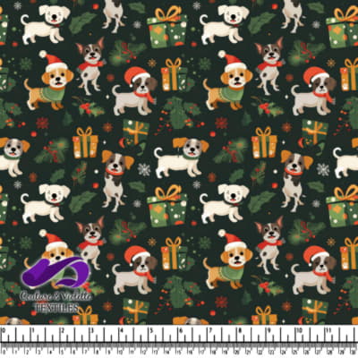 Festive Christmas puppies with scarves and Santa hats surrounded by gifts and holiday greenery