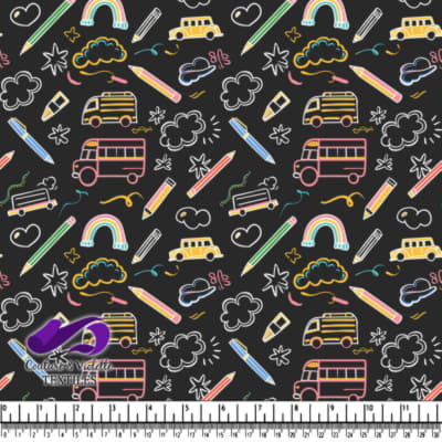Colorful school supplies and doodles on a black background pattern