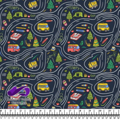 Colorful school-themed road map with buses trees pencils and school supplies