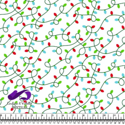 Colorful Christmas lights on green wire pattern