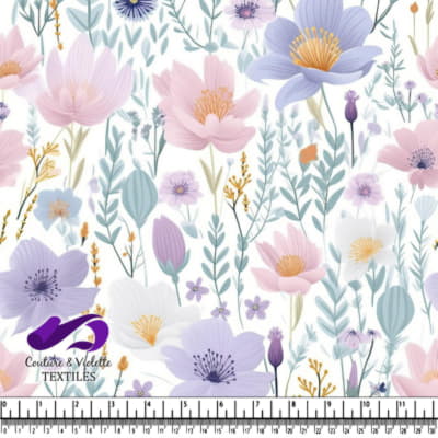 Pastel floral pattern with lavender pink and yellow flowers and foliage