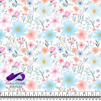 Pastel Floral Pattern with Blue Pink and Peach Flowers