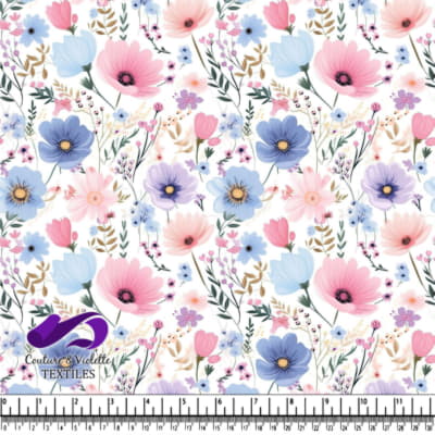 Pastel floral pattern with pink blue and purple flowers and green leaves