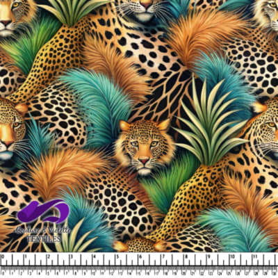 Leopards resting amidst colorful tropical foliage with a relaxed jungle vibe