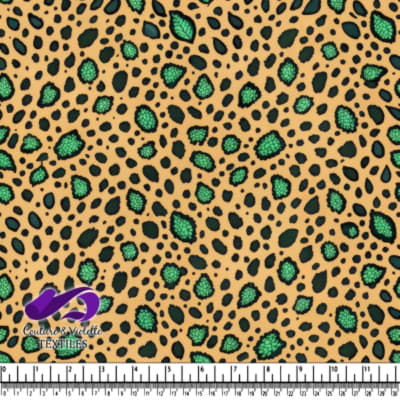 Leopard print fabric pattern with green and black spots