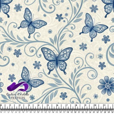 Blue butterfly floral pattern on a cream background