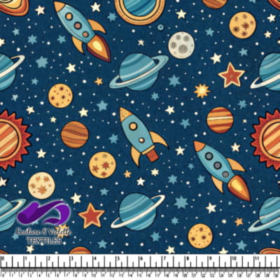 Colorful space-themed pattern with rockets