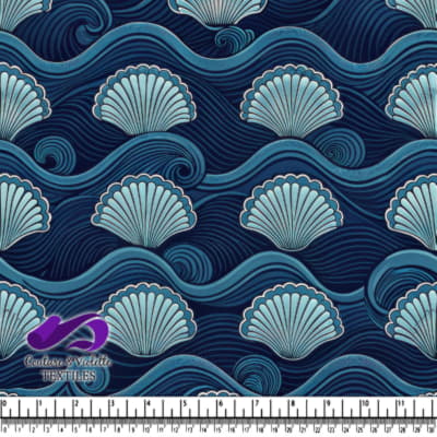 Seashell and ocean wave pattern in shades of blue