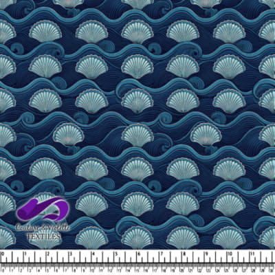 Seashell and ocean wave pattern in shades of blue
