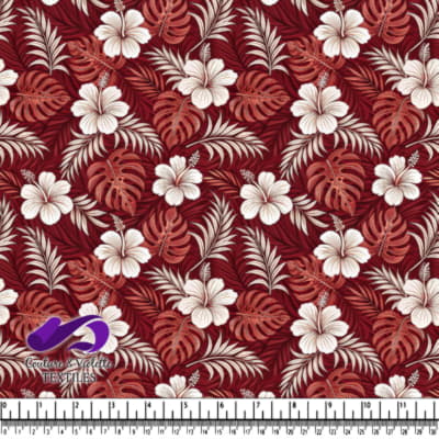 Tropical floral pattern with white hibiscus and red palm