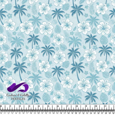 Blue tropical floral pattern with palm trees and hibiscus