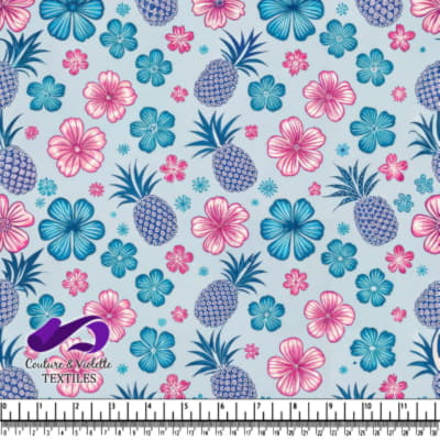 Blue and pink tropical floral and pineapple pattern