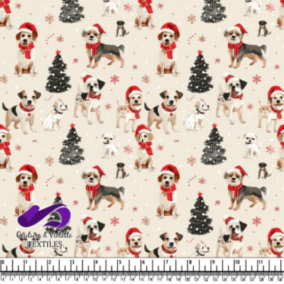 Christmas dogs with Santa hats and scarves around decorated trees