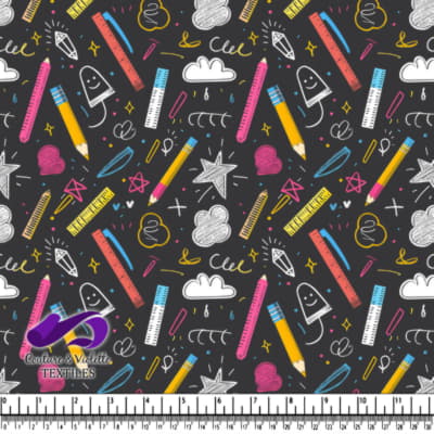 Colorful school supplies doodle pattern on dark background