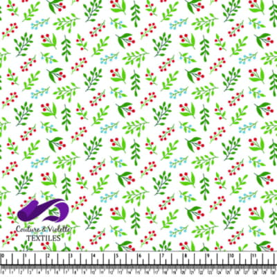 Festive green leaf and red berry pattern on white background