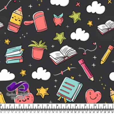 Colorful school supplies smiling stars and clouds