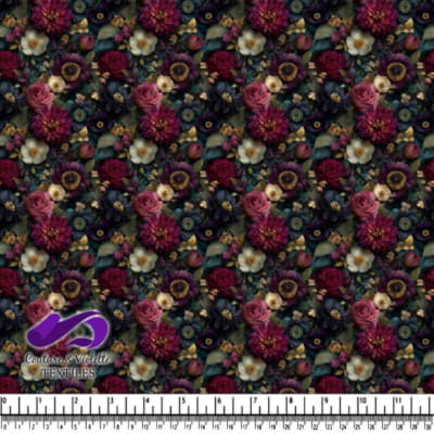 Various dark colorful flowers on black background