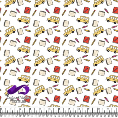 Yellow school buses red notebooks pencil cases notebooks and pencils