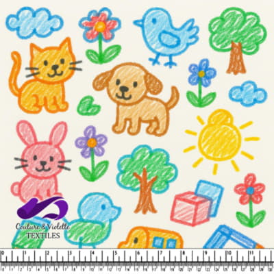 Colorful childlike drawings of animals flowers trees sun and toy blocks