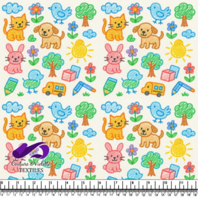 Colorful childlike drawings of animals flowers trees sun and toy blocks