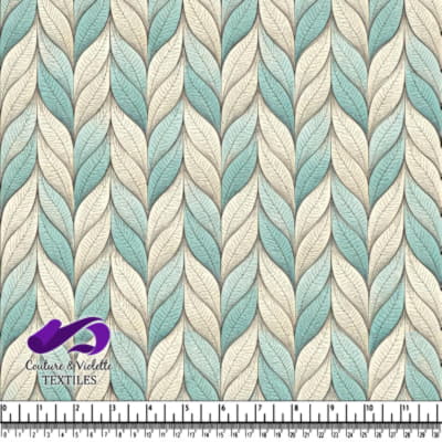 Teal and beige woven leaf pattern fabric