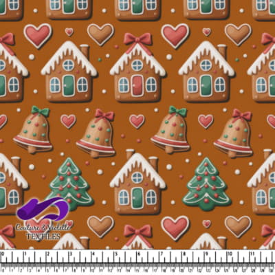 Gingerbread houses hearts bells and Christmas trees