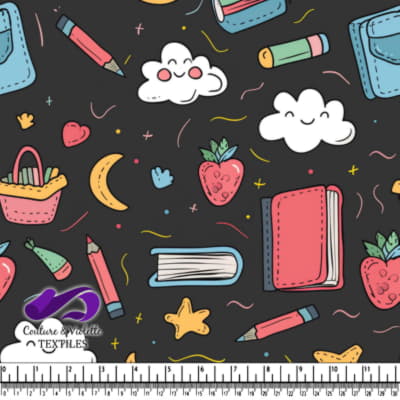 Colorful school supplies and happy clouds pattern