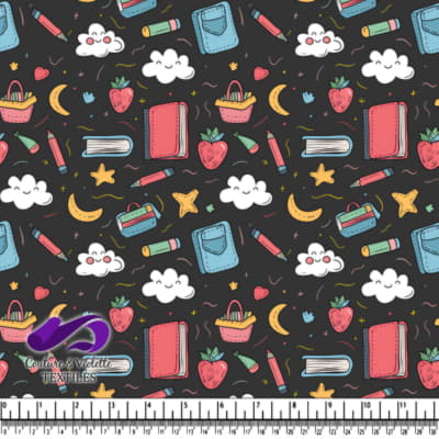 Colorful school supplies and happy clouds pattern