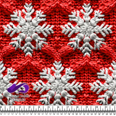 Red knitted fabric with white snowflake pattern and textured stitch design