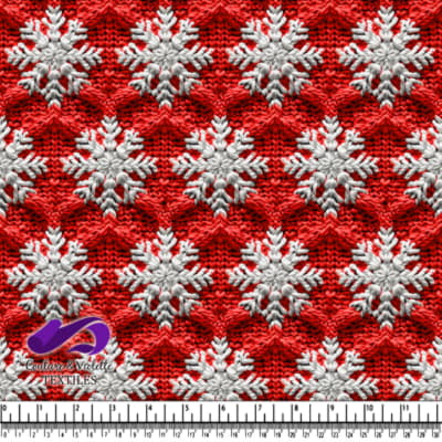Red knitted fabric with white snowflake pattern and textured stitch design