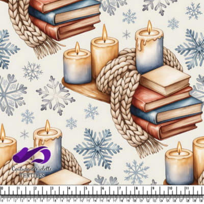 Cozy winter scene with stacked books knitted scarf candles and snowflakes