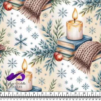 Cozy winter scene with candles books knit scarves pine branches