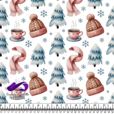 Winter pattern with hats scarves pine trees
